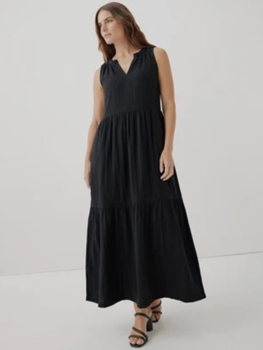 NWT PACT Organic Cotton Coastal Gauze Tiered Maxi Dress Dark Grey XS